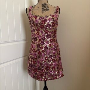 Cider Floral Flower Pink, Gold & Burgundy Sequin Mini Dress